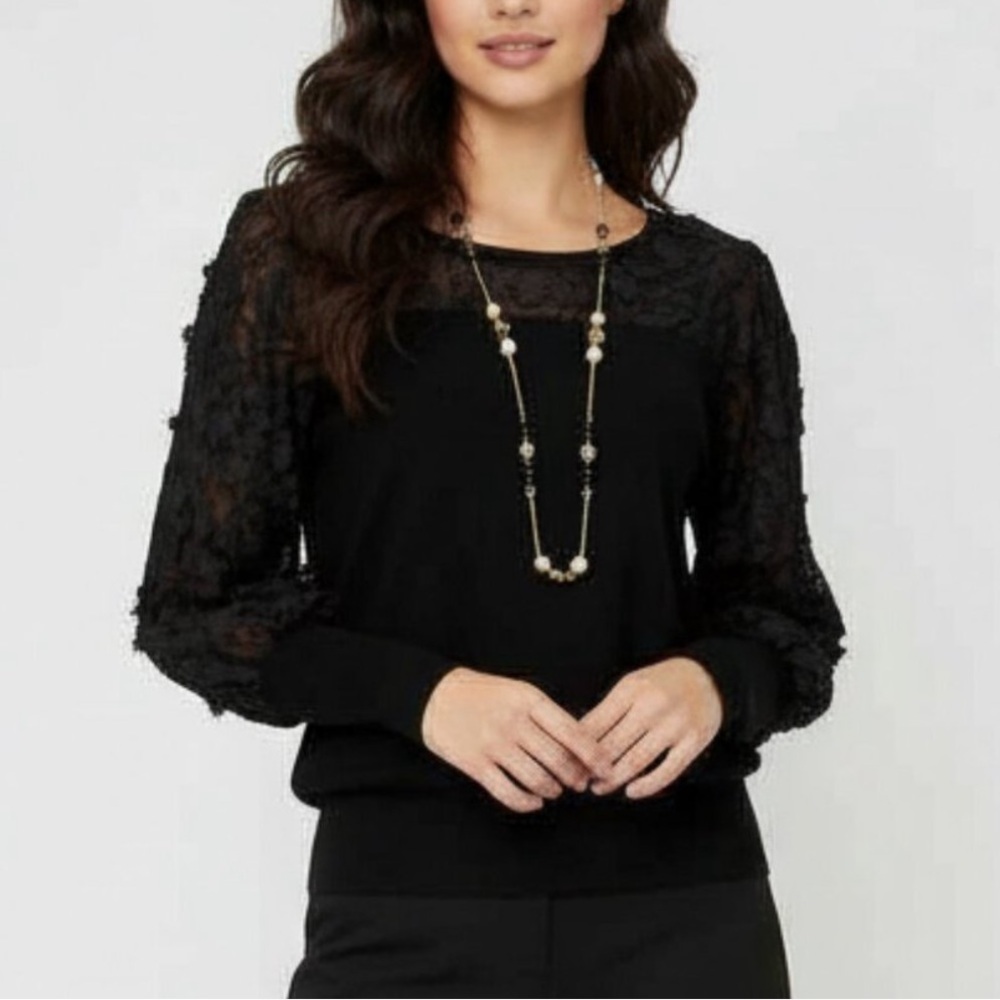 Joseph A Black 3D Floral Mesh Dolman Sleeve Sweater